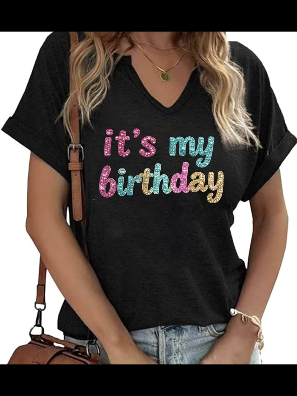 Black V‑Neck Tee with Colorful "it's my birthday" Print
